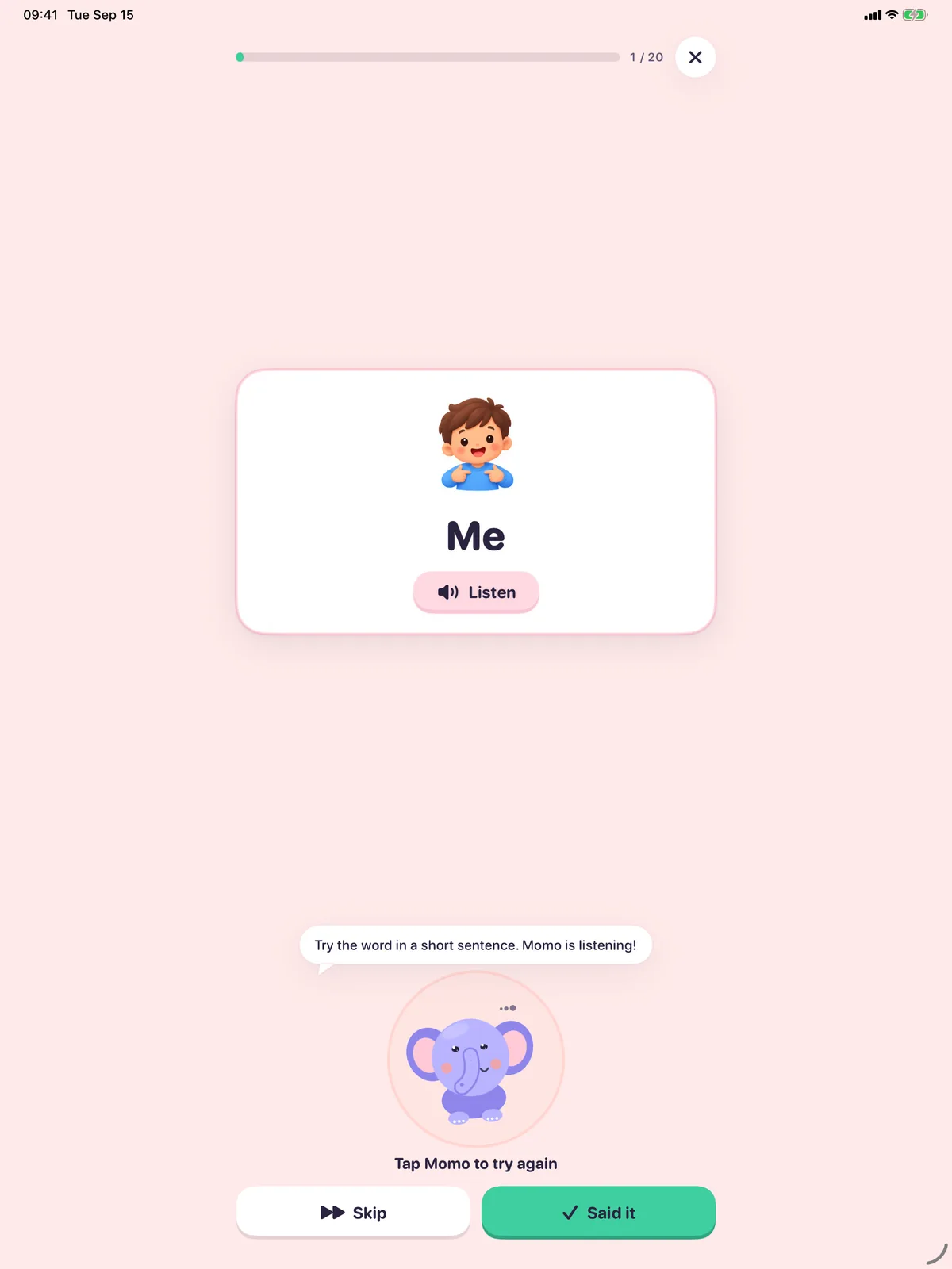 Momo on iPad: the word Me on a picture card, with Skip and Said it buttons at the bottom
