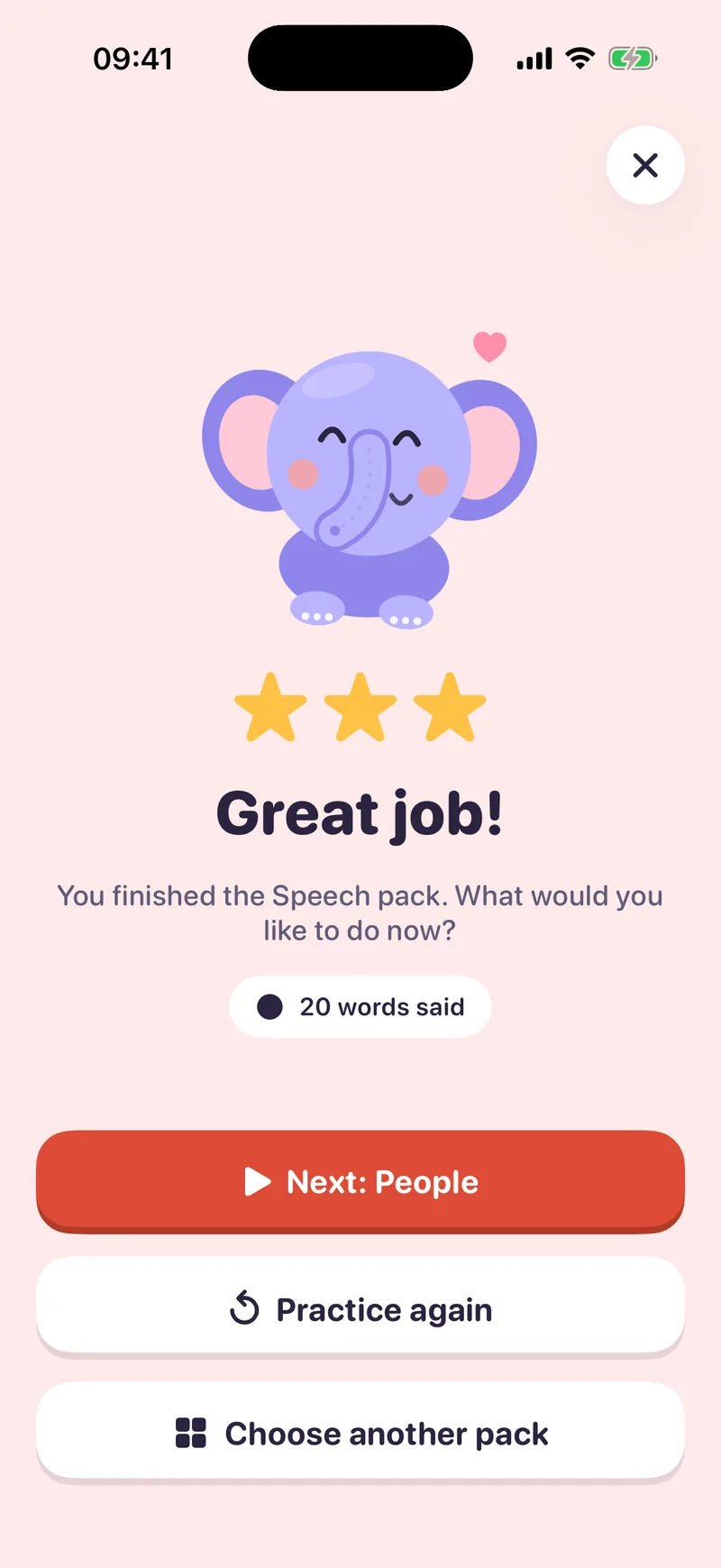 Completion screen saying Great job with three stars and a button for the next pack