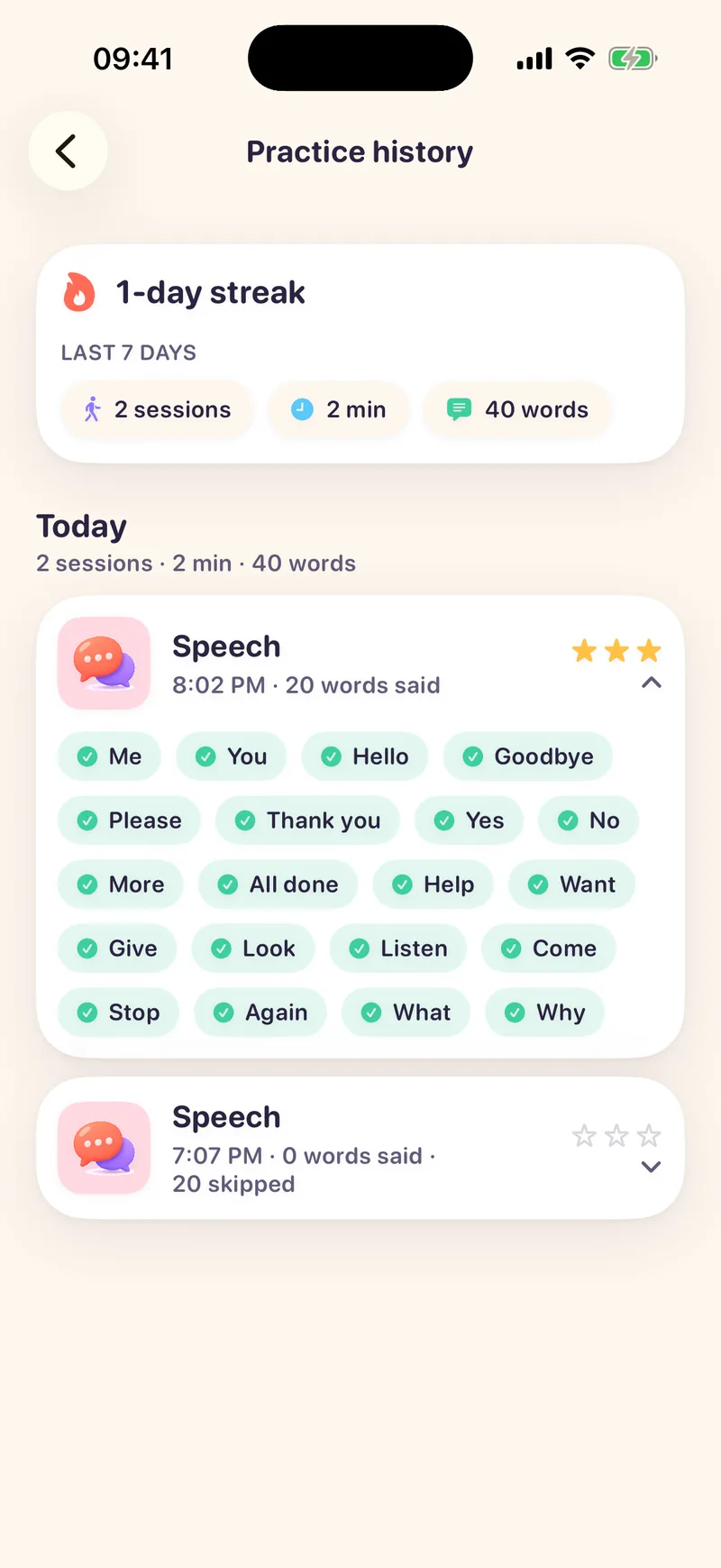 Practice history listing a session with every word that was said