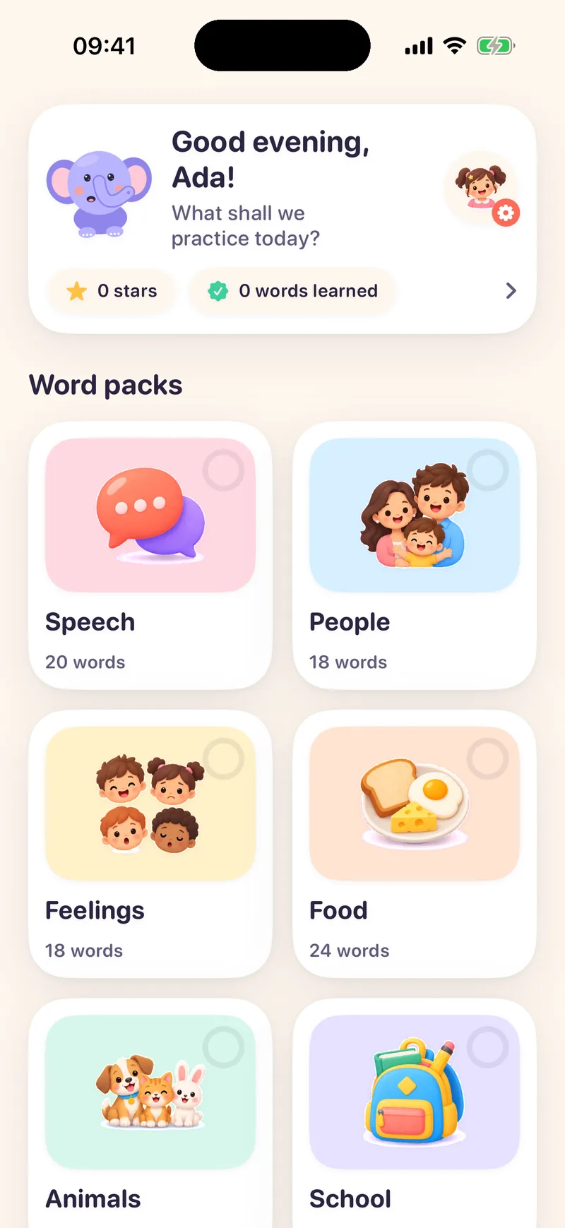 Momo home screen with a greeting and a grid of word packs