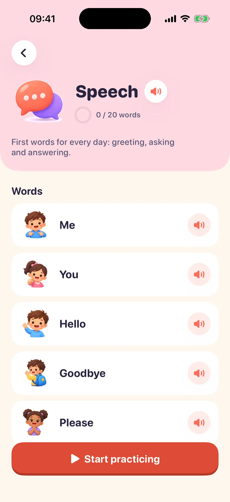 The Speech pack on iPhone with its list of words and a Start practicing button