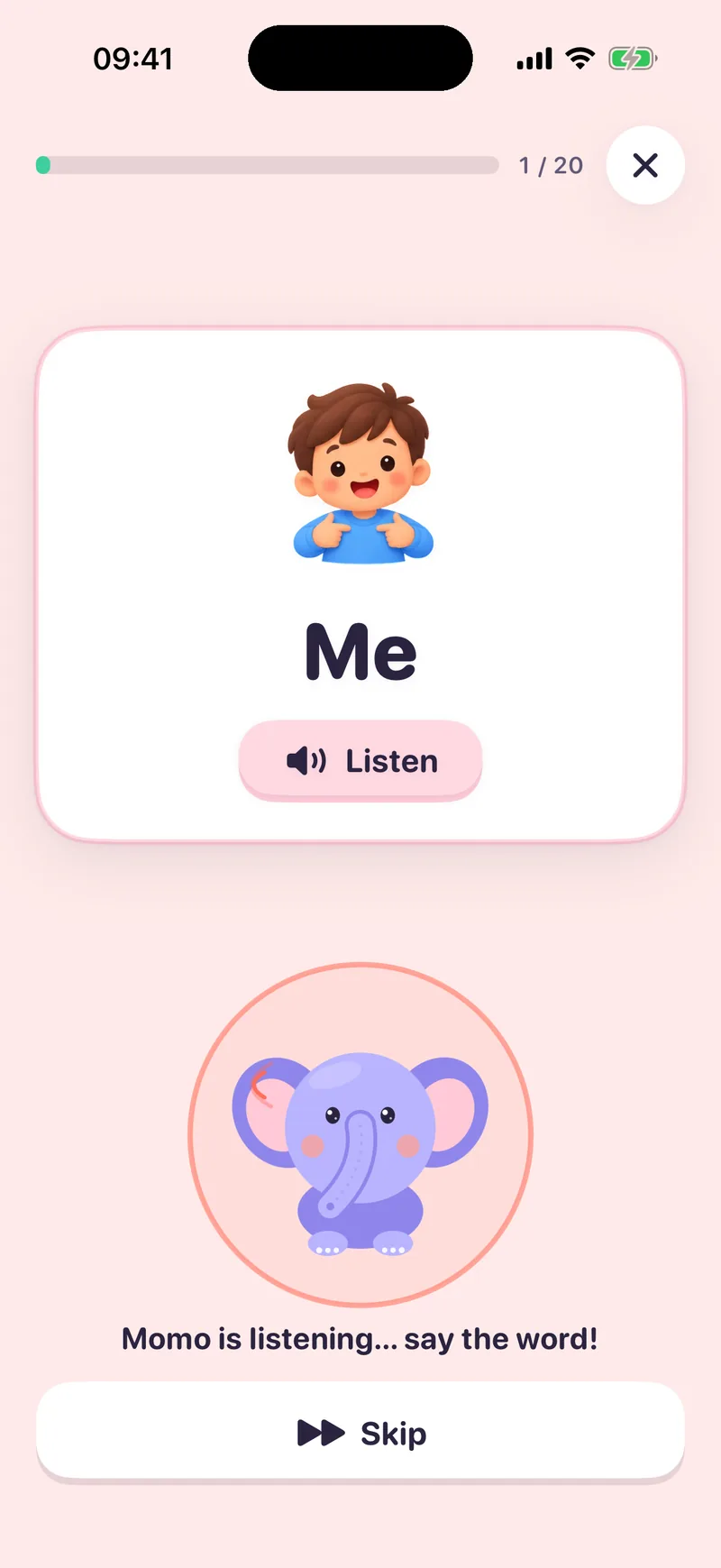 Momo practice screen: a picture card for the word Me with a Listen button, and Momo listening below